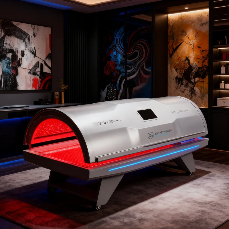 Futuristički infracrveni krevet sa oznakom „Dominium Wellness“, koji emituje crveno svetlo u modernom prostoru sa umetničkim detaljima i tamnim tonovima.