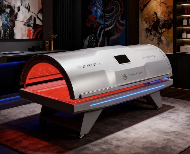 Futuristički infracrveni krevet sa oznakom „Dominium Wellness“, koji emituje crveno svetlo u modernom prostoru sa umetničkim detaljima i tamnim tonovima