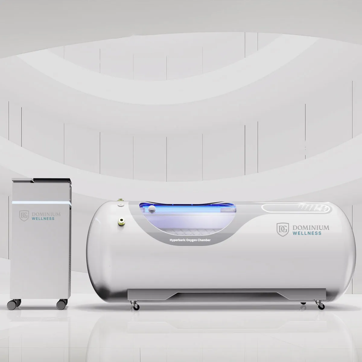 Moderan hiperbarični kiseonički uređaj sa oznakom „Dominium Wellness“, savremenog dizajna, sa kontrolnom tablom i providnim prozorom.