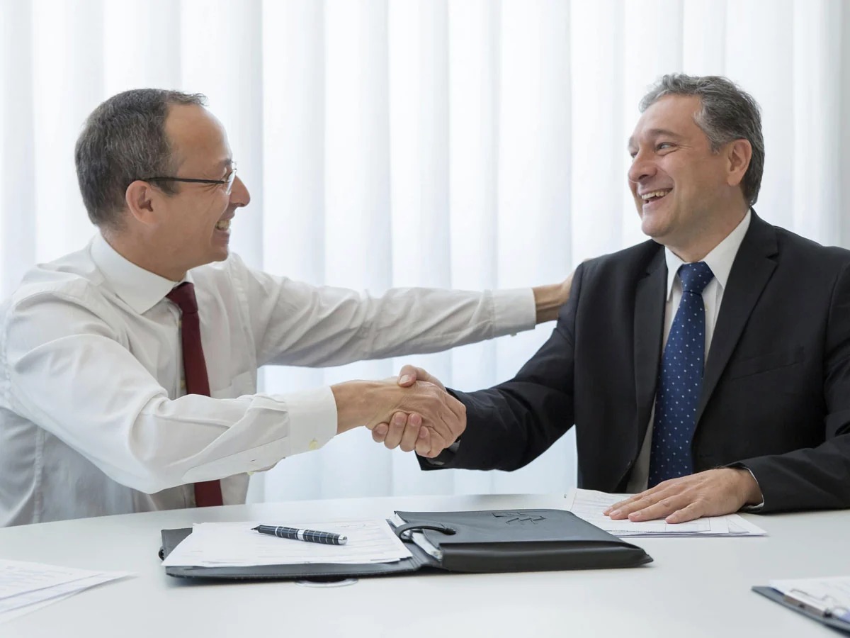 Dva poslovna čoveka u odelima se rukuju i osmehuju za stolom, simbol uspešnog poslovnog dogovora i saradnje.