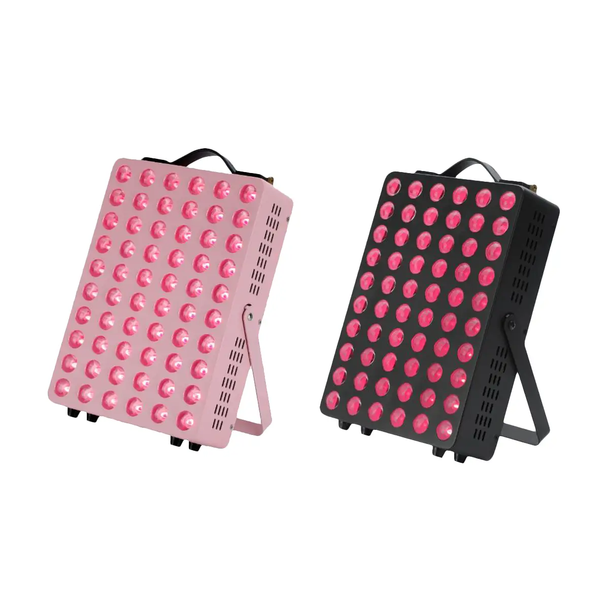 Two rectangular LED light panels stand on angled supports. One is black, the other pink. Both have multiple small circular lights and handles on top.