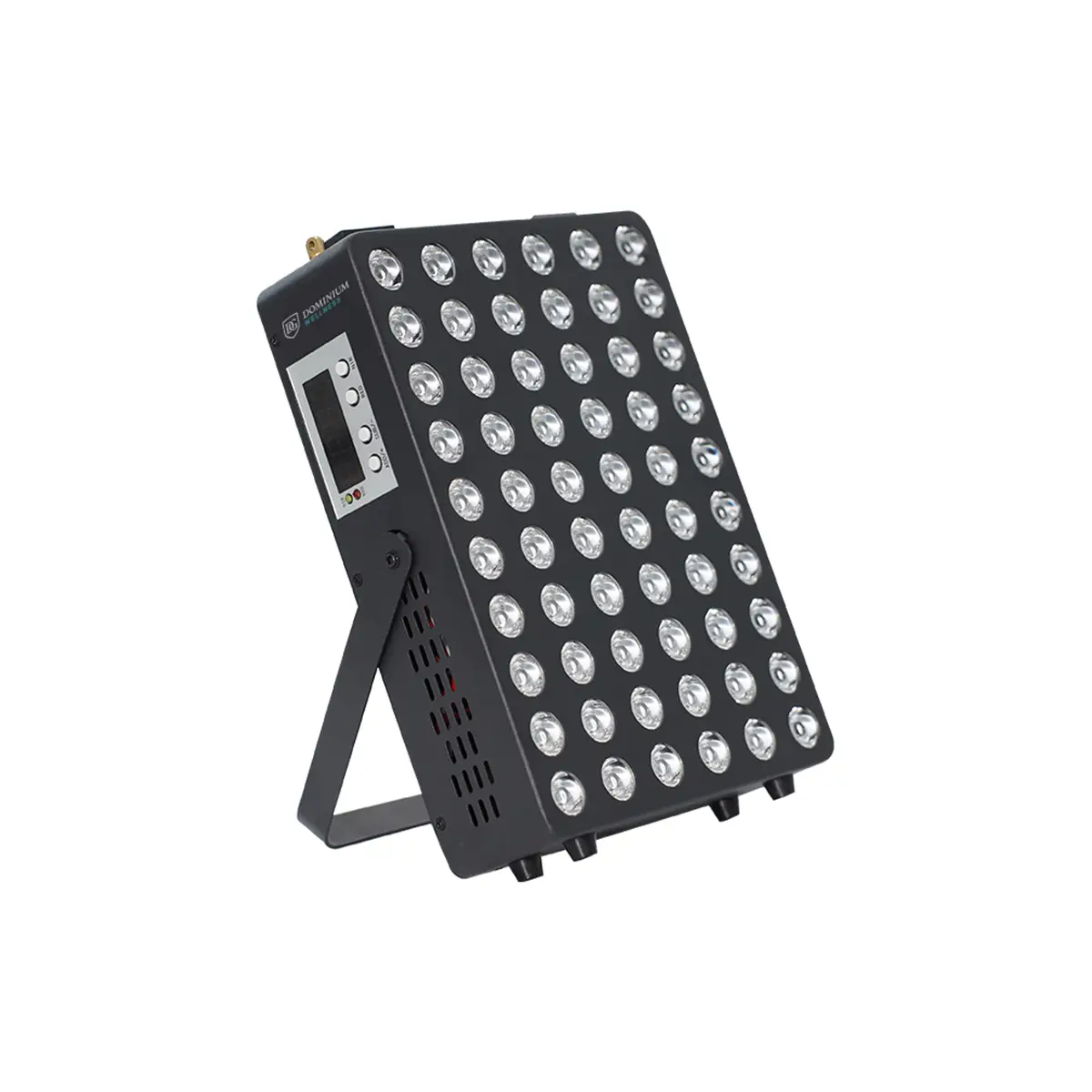 Crni LED panel sa mrežom od 60 kružnih sijalica, postavljen na stalak. Sa strane ima kontrolnu tablu, a sve je prikazano na beloj pozadini.